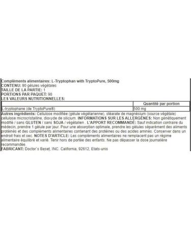 Doctor's Best L-Tryptophan with TryptoPure 500mg - 90 Vegetable Capsules - Support for Sleep and Mental Health - Buy Online on GoSupps.com