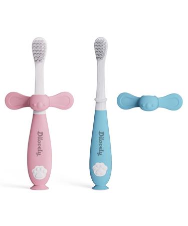 Dilovely Kids Toothbrushes 12 Months and Up Baby Brush with Suction Base Anti-Choking Toddler Dental Care Soft Micro Fine Bristles for Sensitive Gums 2 Count Blue & Pink