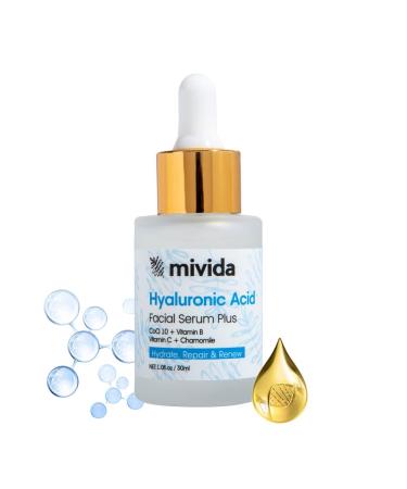 mivida Hyaluronic Acid Serum For Face | Natural Anti Aging Formula with Vitamin C  Vitamin B  CoQ 10 |  Plumps Fine Lines  Fades Dark Spots | Hydrates & Nourishes Dry Skin | 1 fl oz