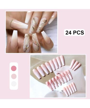 24 Pcs Long Coffin Pink Marble Gold Foil Press On Nails - Glossy False Nails with Glue for Women and Girls - Buy Online on GoSupps.com