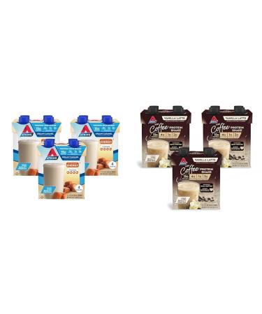 Atkins Energy Shake Creamy Caramel with Protein Gluten Free 4 Count(Pack of 3) and Atkins Iced Coffee Vanilla Latte Protein Shake 15g Protein Low Glycemic 4g Net Carb 1g Sugar