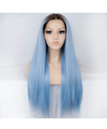 SHIYID Blue Wig for Women | Synthetic Lace Front Wig with Brown Roots | Long Straight Light Blue Hair - Buy Online on GoSupps.com