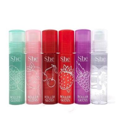 Fruity-Pop Roller Gloss by S.he Makeup Smooth Glass Like Shine Lip Glosses  Complete Set of All 6 Flavor Scents 0.22oz 6.3g Clear