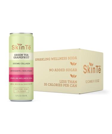 Collagen Sparkling Tea by SKINTE | Organic Green Tea with Grapefruit | 12 oz (Pack of 12) | Antioxidants and Vitamin C | 3000mg Collagen Peptides | Benefits Skin, Mood and Immunity | Zero Added Sugar 12 Fl Oz (Pack of 12)