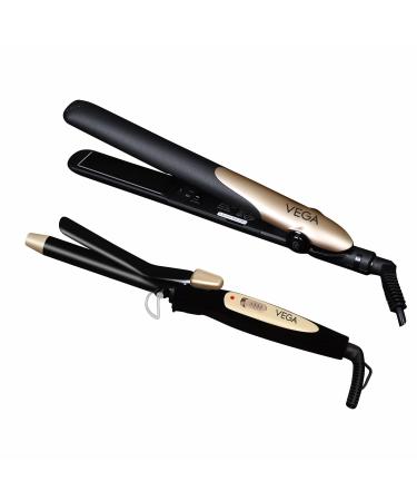 VEGA Miss Dazzle Styling Set Hair Straightener with Ceramic Coated Plates & 19 Mm Barrel Hair Curler Combo (VHSS-02) Black