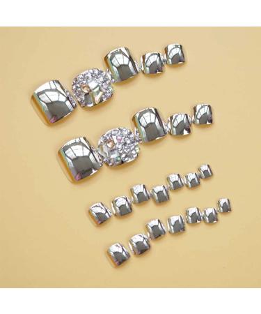 Foccna Glitter Silver Fake Toenails - 24pcs Luxury Rhinestone Press On Nails for Women and Girls - Buy Online on GoSupps.com