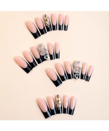 French Tip Press on Nails - Long Coffin Black Glitter Snake Design - Glue on Acrylic Nails for Women - Perfect for Weddings & Manicure - Buy Online on GoSupps.com