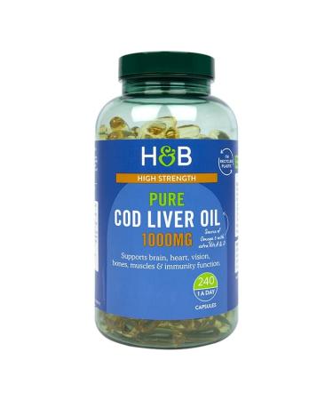 Holland & Barrett Pure Cod Liver Oil 1000mg - Natural Source of Omega-3 Vitamin A and Vitamin D - 240 Capsules