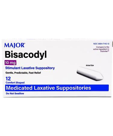 Major Bisacodyl Medicated Stimulant Laxative 10 mg - 12 Comfort Shaped Suppositories