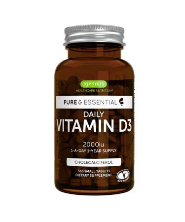 Pure & Essential Daily Vegetarian Vitamin D3 2000iu  Cholecalciferol  365 Small Tablets 1-A-Day 1-Year Supply  by Igennus 365 Count (Pack of 1)