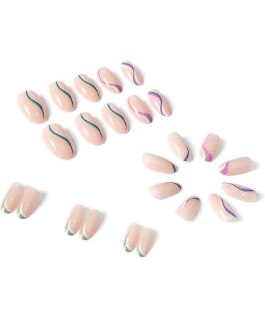 Justotry 24 Pcs Oval Swirl False Nails - Short Iridescent French Press on Nails with Nail Glue - Almond Stick on Nails for Women - Rainbow Fake Nails for Nail Art | Pastel Wavy Pattern - Buy Online on GoSupps.com