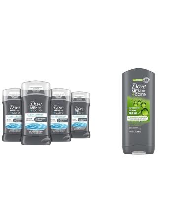 Dove Men Clean Comfort Deodorant 4 Pack 72hr Protection + Extra Fresh Body Wash for Healthier Smoother Skin