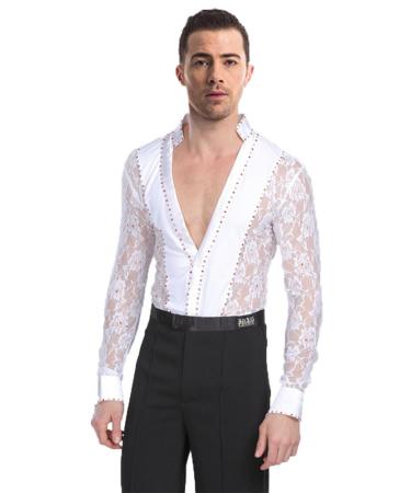 BOZEVON Men's Classic Latin Dance Shirt Suit Costumes Performance Dancing Lace Shirt & Pants Jazz Outfits L White(shirt)