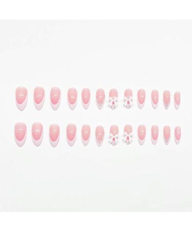 White French Tip Press on Nails - Almond Medium Glue-on Acrylic Nails with Pearls & Bow Designs | 24pcs Glossy False Nails for Women & Girls - Buy Online on GoSupps.com