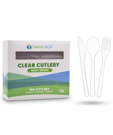 TashiBox 150 Plastic Cutlery Set 50 Disposable Clear Forks, 50 Disposable Spoons, 50 Disposable Knives, Heavyweight Cutlery Heavyweight Clear Cutlery