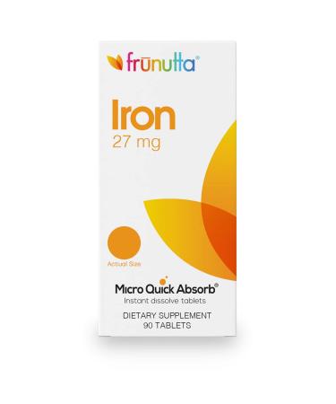 Frunutta Iron Under The Tongue Instant Dissolve Tablets - 27 mg x 90 Tablets - for Iron Deficiency in Anemia or Pregnancy - Dietary Supplement- Non-GMO Gluten Free and No Additives