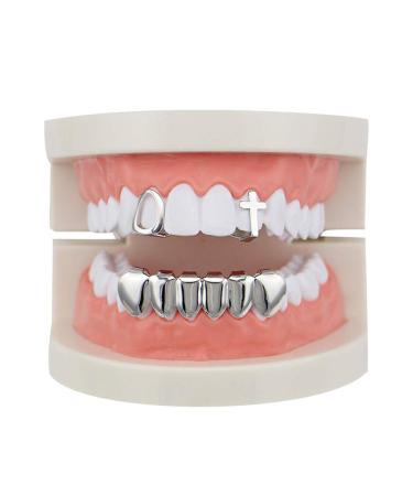 Teeth Caps Gold Plated Hip Hop Tooth Set Hollow Top & Bottom Grill Teeth Caps - High Glossy for Adults Costume Party Accessories Teeth Grills Hip Hop Style for Teeth Jewelry Gift-Silver