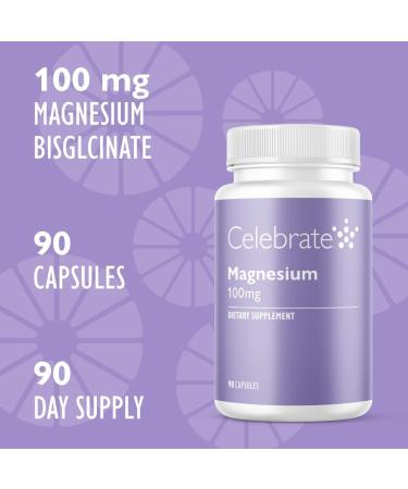 Celebrate Vitamins Magnesium - 100 mg Chelated Magnesium Bisglycinate Capsules for Sleep Support and Muscle Cramp Defense, Vegan and Gluten Free, 90 Count - Buy Online on GoSupps.com