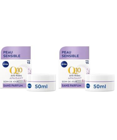 NIVEA Q10 Sensitive Soin de Jour FPS 15 (1 x 50 ml) cr me anti rides enrichie en Q10 pur et extrait de r glisse cr me anti- ge booster de collag ne soin visage apaisant pour peaux sensibles 50 ml (Lot de 2) Sensitive Soin de Jour