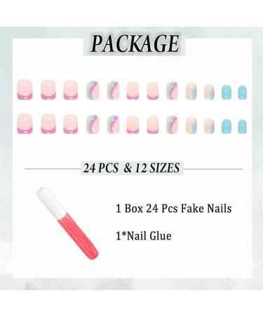 24Pcs Rainbow Swirl Short Square Press on Nails with Nail Glue - Glossy False Acrylic Nails for Women and Girls - Buy Online on GoSupps.com