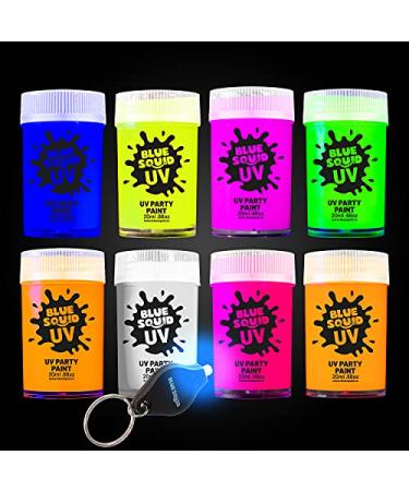 Glow In The Dark Paint - Blue Squid Fluorescent Glow Face & Body Paint for UV & Blacklight | Set of 8 Neon Face Paint Colors + FREE BONUS Ultraviolet Flashlight | Bright Glowing Makeup for Festivals 8 x Pots