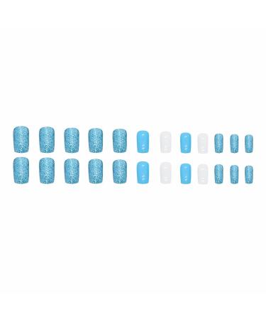 MISUD Short Square Press on Nails - Glossy Summer Blue Acrylic Nails | 24 pcs Squoval DIY False Nails with Bling Glitter Design - Buy Online on GoSupps.com
