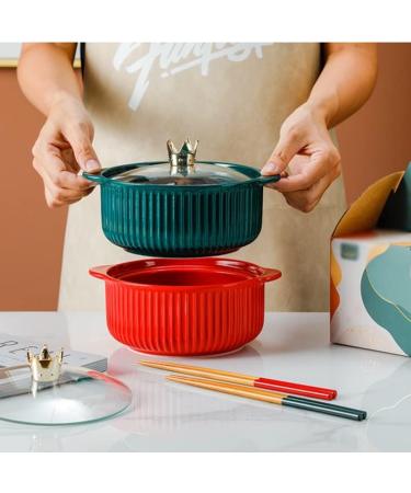 Ceramic Double Ear Bowl Set with Chopsticks and Glass Cover Lunch Dishes Soup Ramen Dessert Bowl Tableware Kitchenware (Color : Green Size : Talla nica) Talla nica Green - Buy Online on GoSupps.com