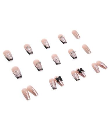 Pink Press On Nails Black French Tip with 3D Black Bow Knot Bling Rhinestones - 24pcs Medium Coffin Fake Nails for Women with Nail Glue - Buy Online on GoSupps.com