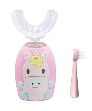 TUTULOO Kids Electric Toothbrushes, U Shaped Toothbrush for Kids with Smart Timer and Light up, 360 Kids U-Shaped Toothbrushes Age 2-6 Unicorn-pink