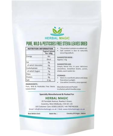 Herbal Magic's Pure & Natural Whole Dried Stevia Leaf Cuts Natural Sweetener Whole Leaves Used Premium Quality Stevia Leaf Cuts -100g - Buy Online on GoSupps.com