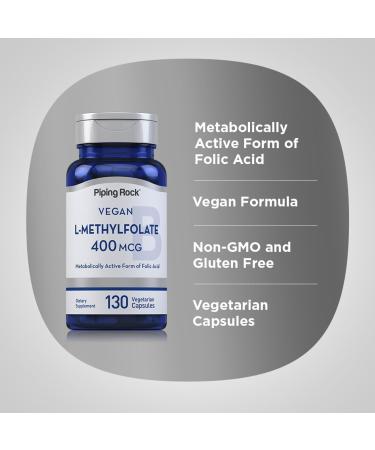 Piping Rock L MethylFolate Supplement | 400 mcg | 130 Capsules | Vegetarian Vegan | Non-GMO Gluten Free - Buy Online on GoSupps.com