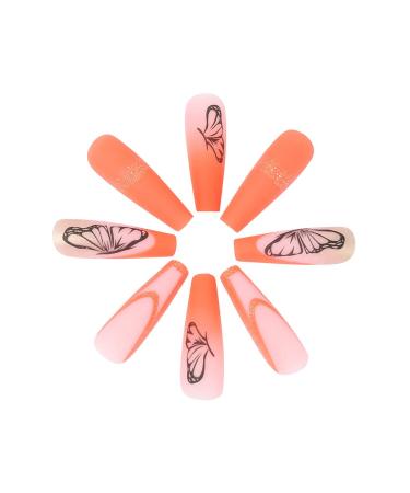 Brishow Orange Artificial Press On Nails with Gold Glitter Butterfly - 24 Ballerina Acrylic False Nails for Women & Girls - Buy Online on GoSupps.com