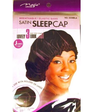 Magic Collection 23" Jumbo Size Elastic Band Satin Sleep Cap - Black Breathable elastic band comfortable material full size perfect fit keeps hair in place use with rollers