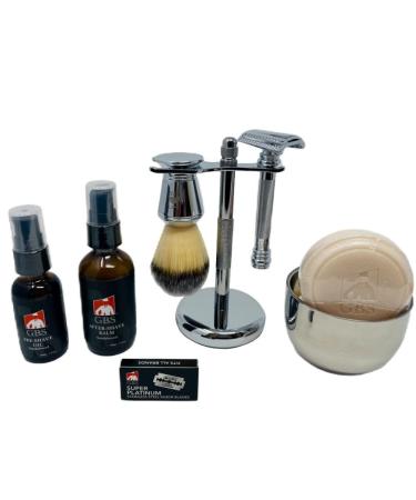 G.B.S Men's Shave Kit Double Edge Razor and Brush Stand Shaving Bowl Soap and DE Razor Blades Stubble Remover Effortless Glide