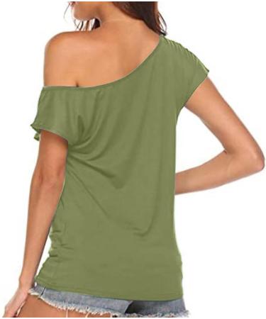 SUNYUAN Army Green One Shoulder Women's T-Shirt - Loose Fit Fashion Blouse | Summer Backless Tee Shirt - Size Medium - Buy Online on GoSupps.com