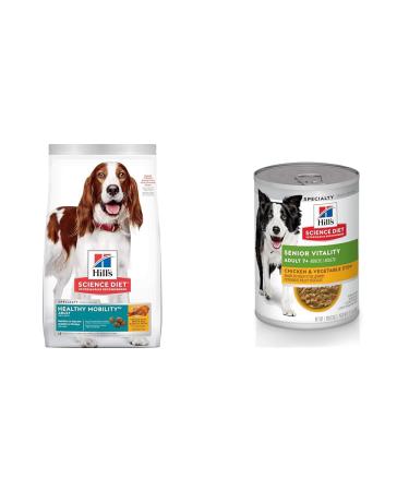 Hill's Science Diet Adult Healthy Mobility Dog Food Chicken Meal & Rice Recipe Dry Dog Food & Adult 7+ Senior Vitality Canned Dog Food Chicken & Vegetable Stew 12.5 oz 12 Pack wet dog food