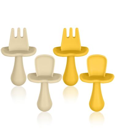 Vicloon Baby Fork and Spoon Set 4Pcs Infant Silicone Self Feeding Utensil Easy Grip Toddler Cutlery Kit Baby Weaning and Feeding Spoons for Infant Toddler Children First Led Training Weaning Beige-yellow