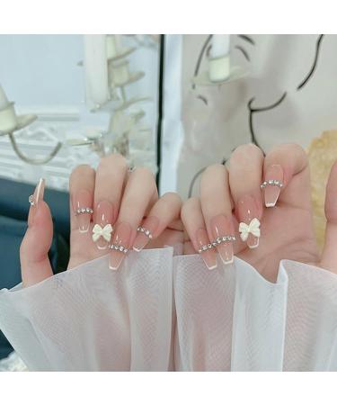 24Pcs/Set Press On Nails French Butterfly Bow Chain Diamond Long False Nails Acrylic Fake Nails Full Cover Nails Tips Artificial Finger Manicure Press on nails for Women and Girls
