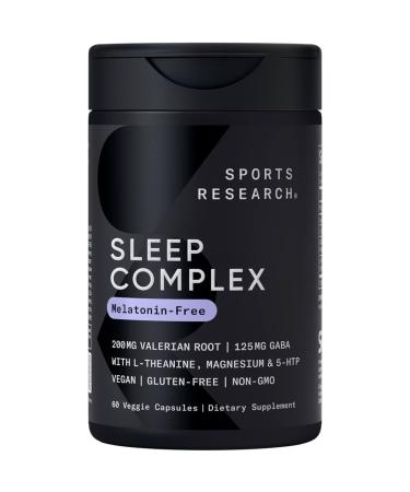 Sports Research Sleep Complex- Melatonin-Free Vegan Capsules - with Valerian Root GABA L-Theanine Magnesium & 5-HTP - 30 Servings 60 Count (Pack of 1) L-theanine Sleep Complex