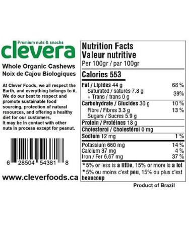 Clevera Organic Whole Cashews 12 Ounces - Fresh - Raw -Kosher - HACCP - Small Batch - Sustainably Sourced - Straight from The Farm - Non-GMO - Gluten Free - Buy Online on GoSupps.com