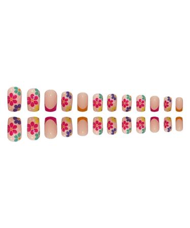 Colorful Flowers French Tip Press On Nails - 24Pcs Square False Nails with Daisy Designs for Women & Girls | Acrylic Full Cover Short Fake Nails for Summer Manicure - Buy Online on GoSupps.com