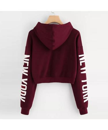 New York Crop Hoodie for Women & Teen Girls | Solid Color Hooded Sweatshirt | Tie Dye Print | Long Sleeve Pullover Top | Wine (Size Large) - Buy Online on GoSupps.com