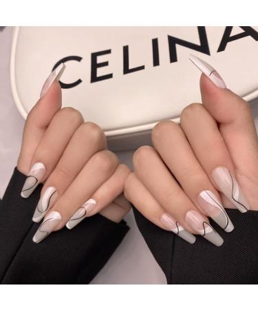 24Pcs/Set Press On Nails French Long Lines False Nails Acrylic Fake Nails Full Cover Nails Tips Artificial Finger Manicure Press on nails for Women and Girls - Buy Online on GoSupps.com