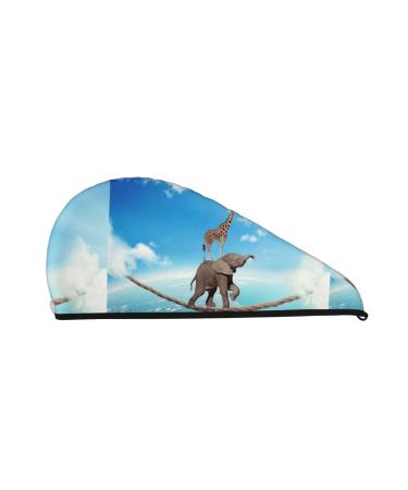 Hair Towel Wrap Hair Drying Towel with Button Towel Turban Head Towel to Dry Hair Quickly (Elephant Giraffe)