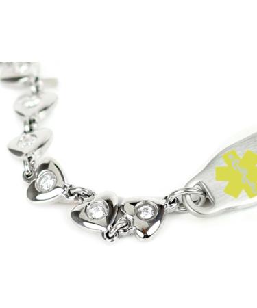 Custom Engraved Medical Bracelet - 316L Stainless Steel with Hearts & Zirconia - 9 Inch Wrist Size - Buy Online on GoSupps.com