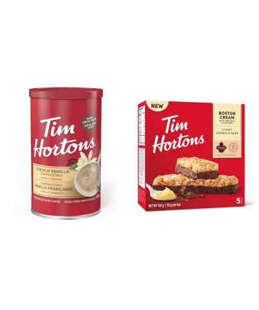 Tim Horton's Instant Cappuccino French Vanilla 16 Ounce & Boston Cream Granola Bars Peanut Free 5 Count