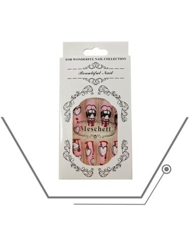 Matte Long Pink Heart Artificial Nails - Full Cover with Lips Print Design | 24pcs for Women & Teen Girls - Buy Online on GoSupps.com