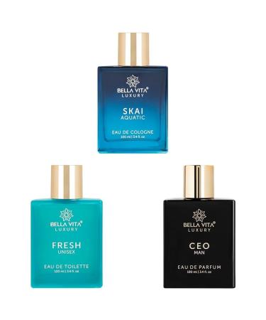 Bloom Beauty Bella Vita Luxury Work & Play Combo for Men 3 Premium Long Lasting Fragrance Spray Scent with Skai EDC Fresh EDT & CEO Man EDP 100ml Each