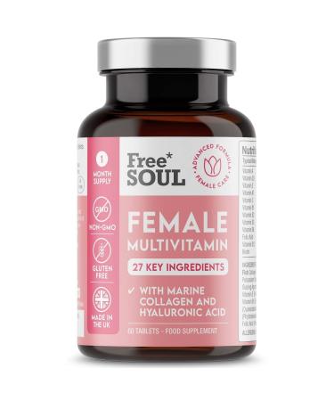 Women's Multivtamins and Minerals with Collagen & Hyaluronic Acid - 27 Essential Vitamins Minerals & Botanicals - 60 Tablets | Gluten-Free & No Synthetic Fillers or Binders | UK Made by Free Soul