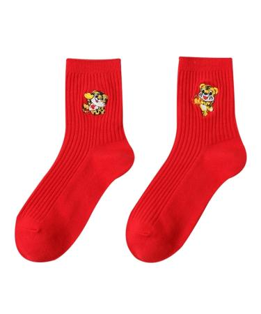 Chinese New Year Red Female Socks Women's Cotton Socks with Tiger Embroidery in 2022 36-40 (Color : Style 1)